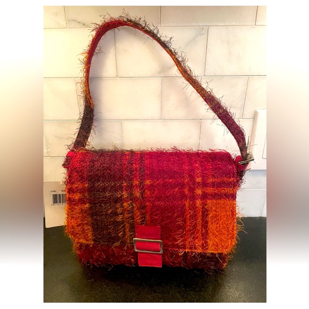 Vintage NWT Multicolor Red Orange Plaid Fuzzy Women's Bag